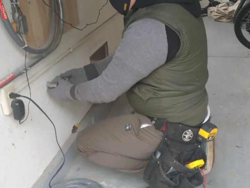 Electrician performing outlet wiring in a Hadley garage